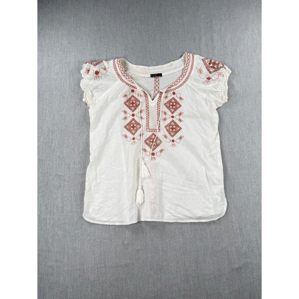 FYLO Women White Embroidered Cotton Tassel Peasant Blouse Top M 293049C.CHP
